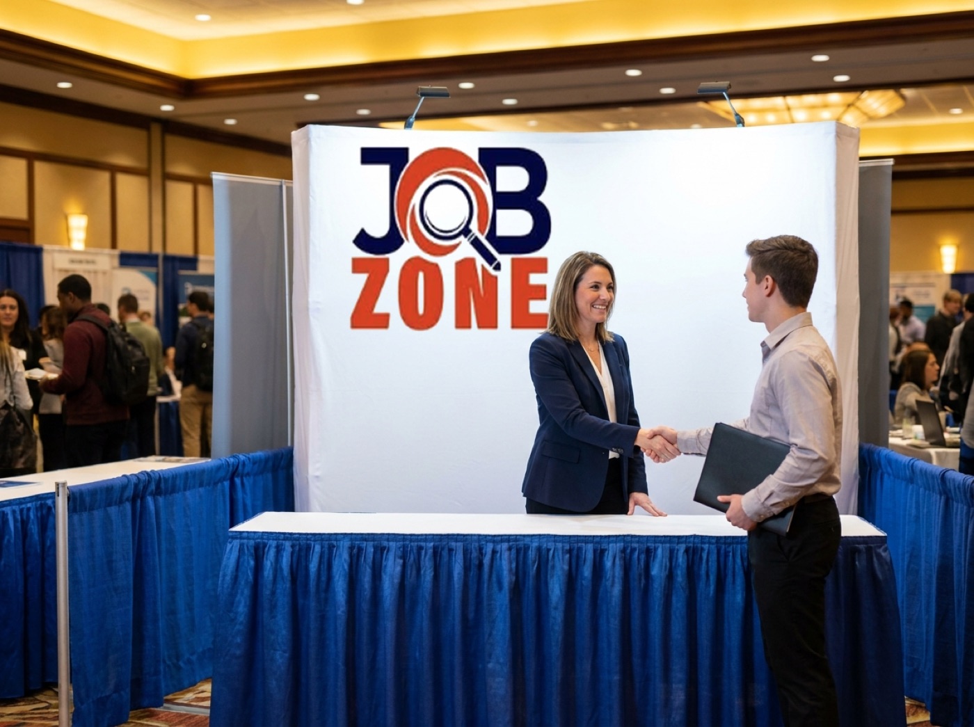 JobZone commercial still: recruiter shakes hands with a candidate at a JobZone booth